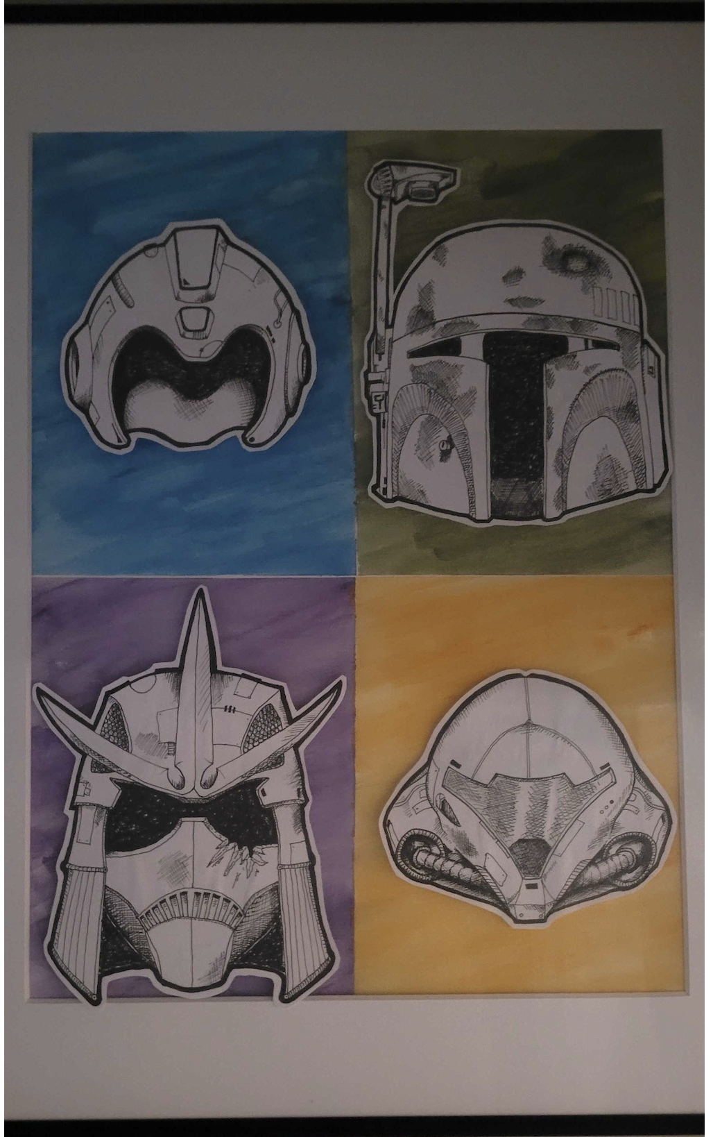 Finished Helmets of our Youth piece with Megaman, Boba Fett, Shredder and Samus