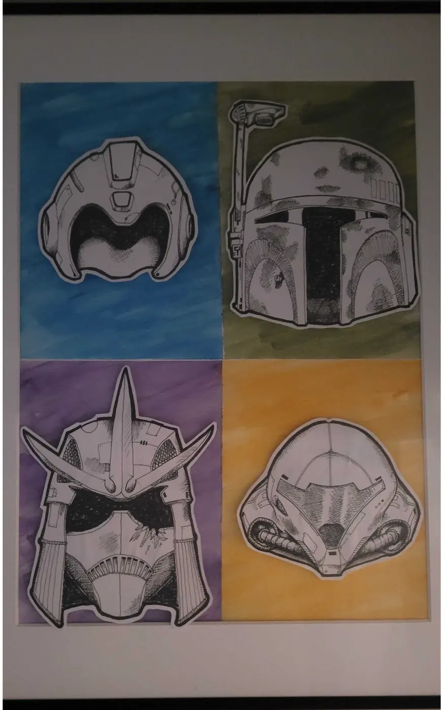 Finished Helmets of our Youth piece with Megaman, Boba Fett, Shredder and Samus
